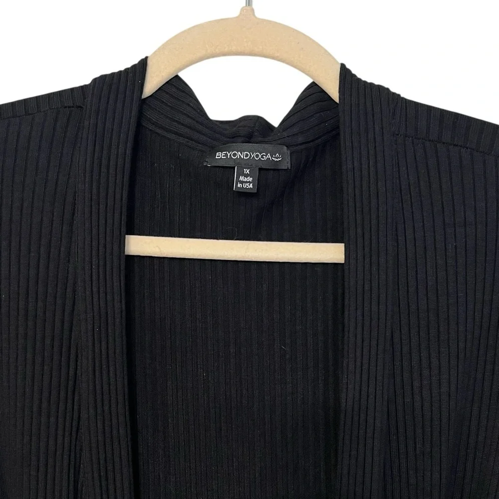Beyond Yoga Coffee Run Ribbed Tie Waist Cardigan Black 1X Casual Lounge Cozy